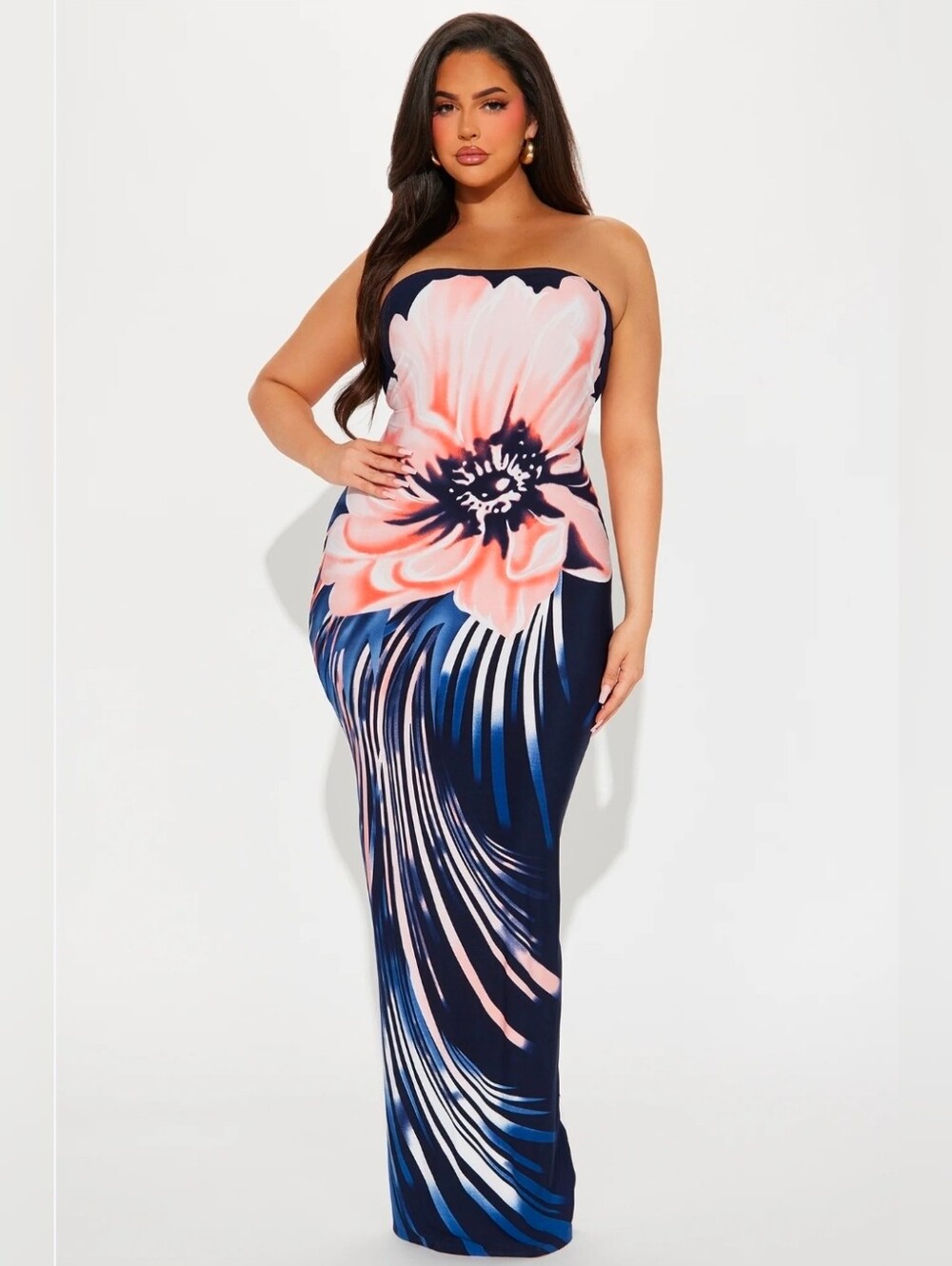 Fashion Nova Navy Strapless Maxi Dress with Coral Floral